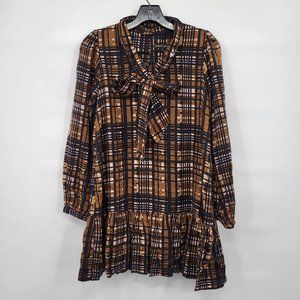 Plaid Tie-Neck Mini Dress in Brown and Navy